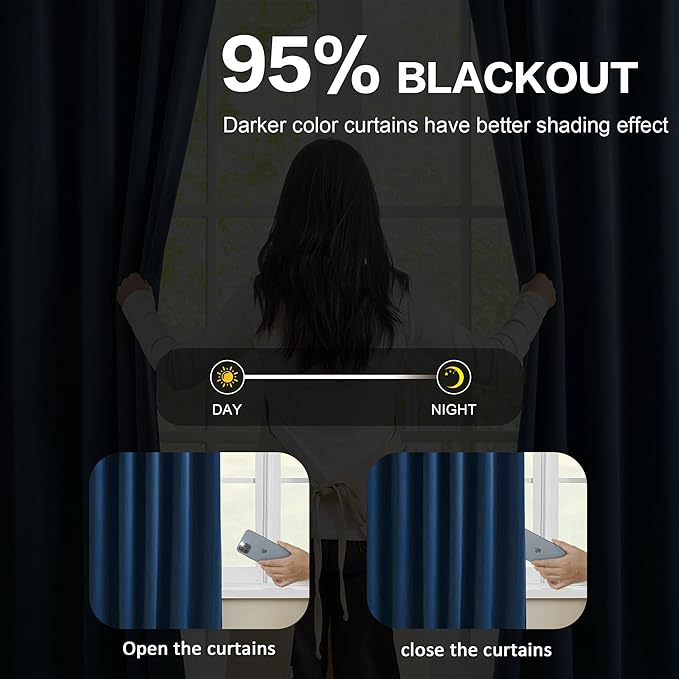 KEQIAOSUOCAI Dark Navy Blue Pleated Blackout Curtains 2 Panels Set, Thermal Insulated Room Darkening Privacy Window Curtain Panels for Bedroom(Pinch Pleat 40 Wide x 72 inch Long)-BubblyBeeBaby