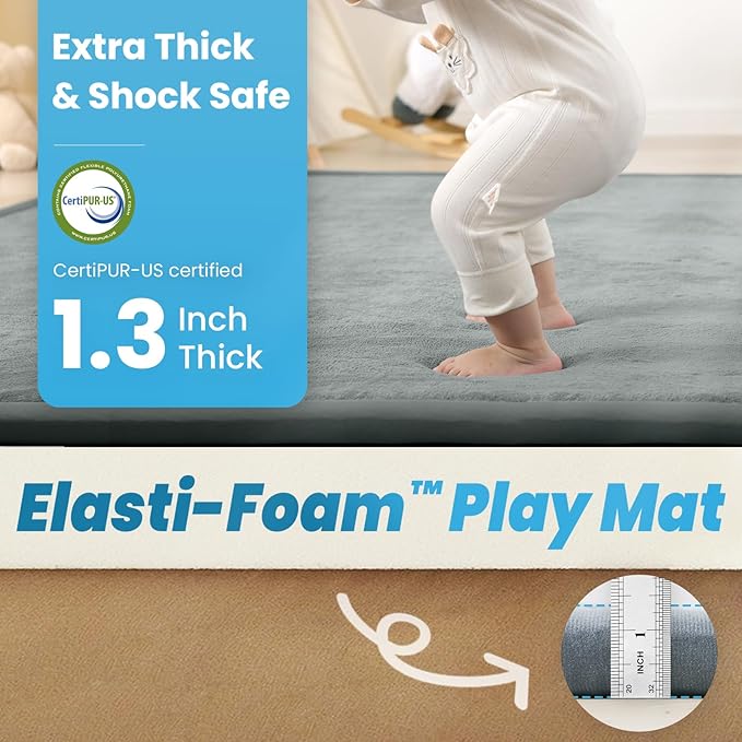 1.3" Thick Baby Play Mat for Floor Playpen, 50x50 Foam Tummy Time Mat, Padded Support Soft Plush Nursery Rug for Infant Kids Toddler Crawling Kick Activity (Light Grey)-BubblyBeeBaby