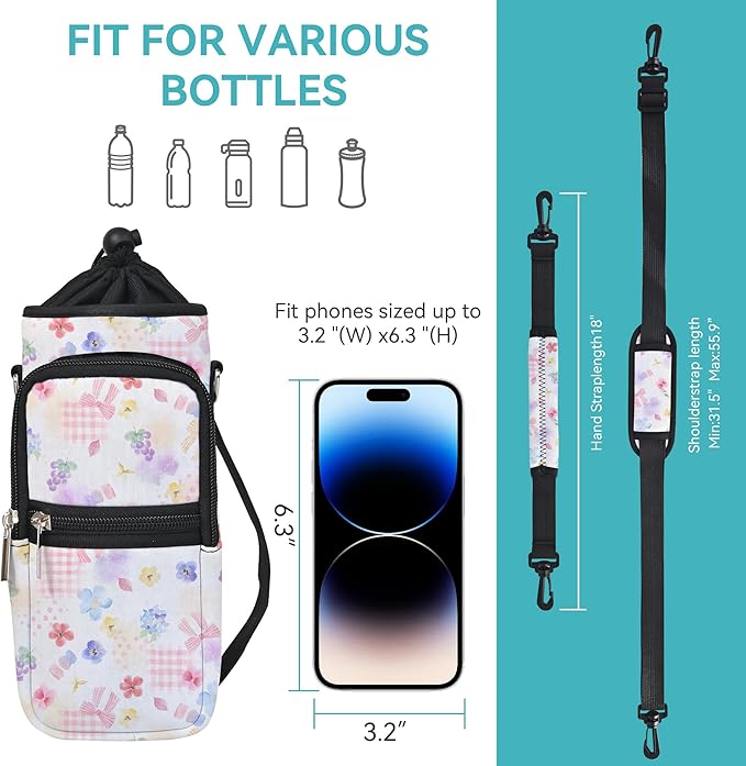25/32/40/64oz Water Bottle Bag Holder Carrier-Insulated Crossbody Sling Case Sleeve with Strap & Pockets for Men Women Gym Cycling Travel Walking Hiking Camping-BubblyBeeBaby