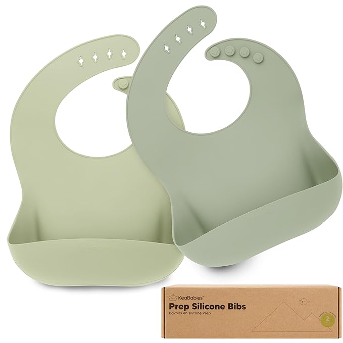 KeaBabies 2-Pack Silicone Baby Bibs for Eating - Sturdy Food-Grade Silicone Bibs for Babies Girl, Boy, Large Food Catcher, Clean & Put On Easily, Waterproof Toddler Feeding Essentials (Sage)-BubblyBeeBaby