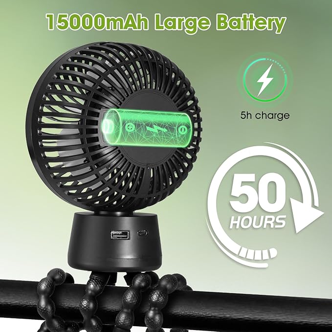 50H Portable Stroller Fan, 15000mAh Ultra-Long Battery Powered Rechargeable Personal Fans, Tripod Clip Fan with Auto Rotation，3 Speed Desk Handheld Cooling for Travel Car Seat Bedroom-BubblyBeeBaby