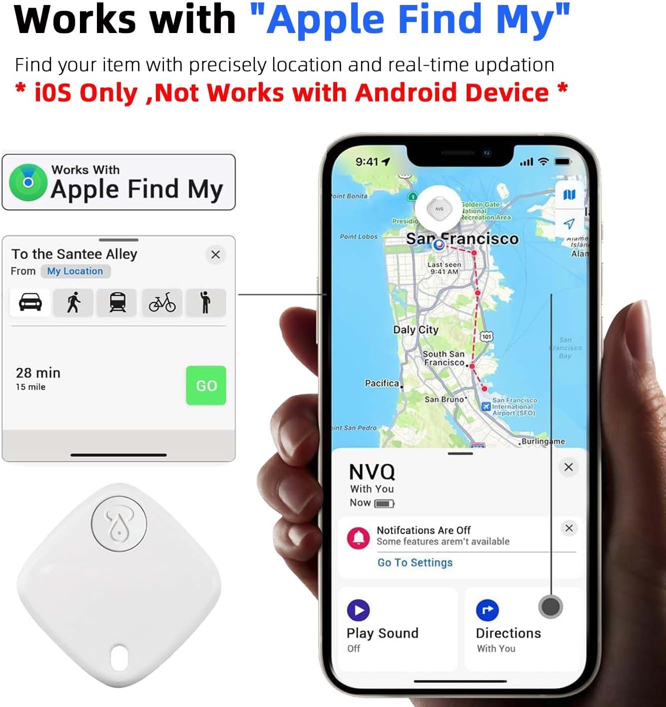 Bluetooth Tracker Keys Finder and Item Locator (iOS Only); Up to 200 ft Find Nearby, Phone Finder, Replaceable Battery, Suitable to Track Keys/Backpacks/Luggage/Suitcases. 1-Pack