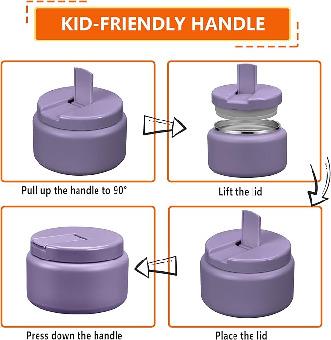 13.5oz Kids Thermos for Hot Food, Insulated Vacuum Food Jar with Buckle Lid, Stainless Steel Wide Mouth Leak Proof Insulated Lunch Container for School Picnic Travel,Purple-BubblyBeeBaby