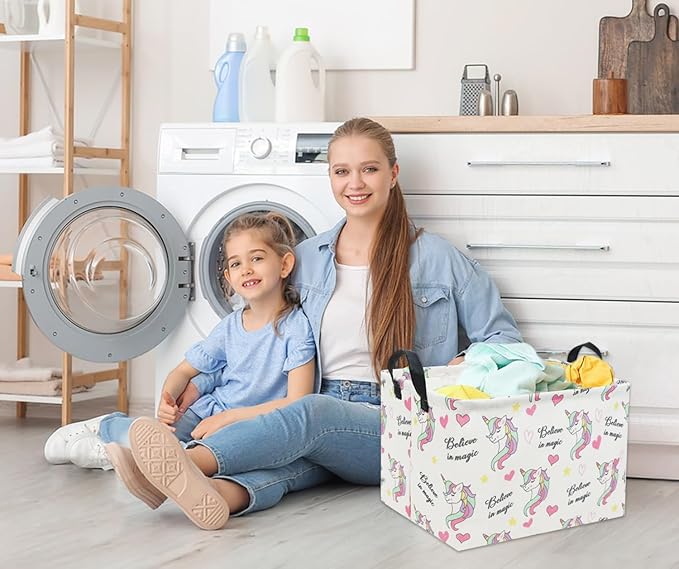 HIYAGON Rectangular Unicorn Basket Gift Baskets Empty Cute Storage Bin with Handles Nursery Room Decor(Unicorn)-BubblyBeeBaby