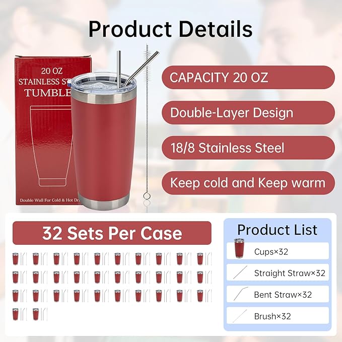 IEOVIEE 32 Pack 20oz Stainless Steel Bulk Tumblers with Lids and Straws Double Wall Insulated Travel Mug Durable Powder Coated Tumbler Bulk Cup for Cold and Hot Drinks(Red)-BubblyBeeBaby
