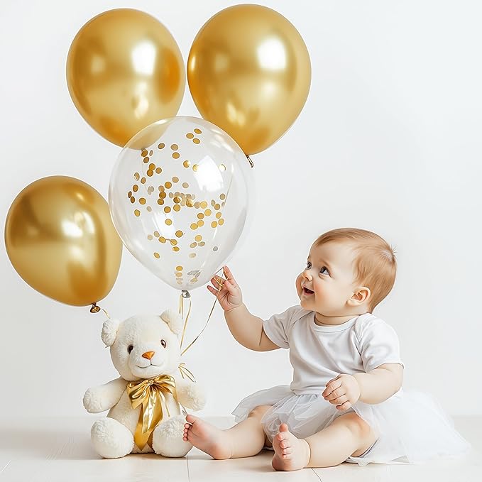 JOYIN 150 Pcs Metallic Gold Balloons, Different Sizes 18 12 10 5 Inch Gold Latex Balloon Arch Kit with Instruction for Birthday Decoration Party Graduation Wedding Holiday-BubblyBeeBaby