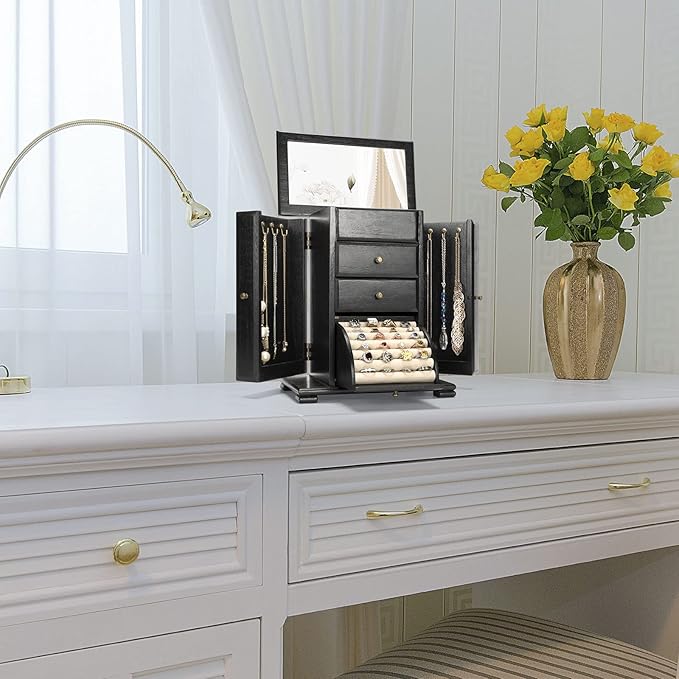 Jewelry Box for Women, Rustic Wooden Jewelry Boxes & Organizers with Mirror, 4 Layer Jewelry Organizer Box Display for Rings Earrings Necklaces Bracelets (Black)-BubblyBeeBaby