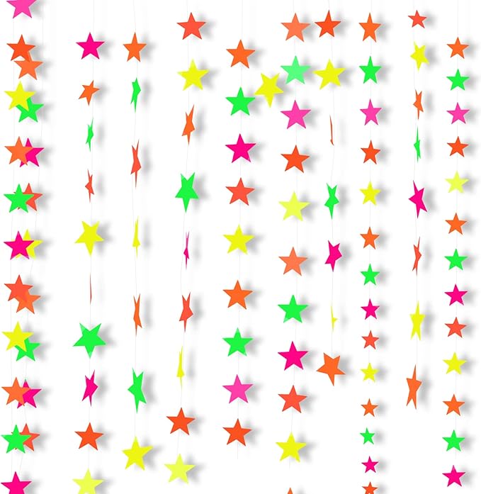 108ft Neon Glow Party Star Paper Garland UV Glow in The Dark Party Supplies Garlands Neon Paper Streamers for Blacklight Fluorescent Supplies for Birthday Wedding Decorations-BubblyBeeBaby