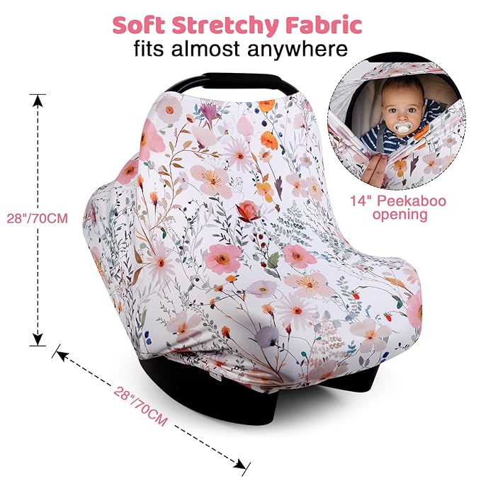 Rquite All-in-1 Car Seat Cover Baby, Carseat Covers for Girl Boy, Stretchy Soft Infant Car Seat Cover, Multi-use Baby Carrier Cover, Car Seat Canopy, Stroller Sun Shade, Nursing Breastfeeding Cover-BubblyBeeBaby