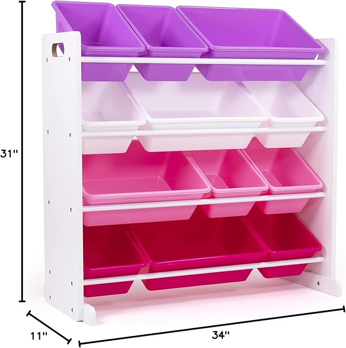 Humble Crew Kids Toy Storage Organizer with 12 Plastic Bins, White/Pink/Purple – Removable Bins for Playroom, Bedroom, Toddler Furniture for Boys and Girls Ages-BubblyBeeBaby