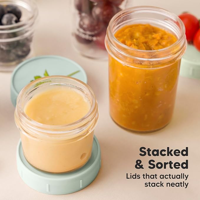 KeaBabies 4pk 8oz & 4pk 4oz Glass Baby Food Containers with Lids - Leak-Proof, Microwavable Small Glass Jars, Baby Purees & Toddler Snack Storage Containers, BPA-Free, Dishwasher & Freezer Safe(Sage)-BubblyBeeBaby