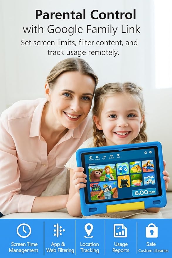 10.1 Inch Kids Tablet with Shockproof Case | Android 14, 64GB+8GB RAM, 12H Battery | Parental Control, Google Kids Space & Preloaded Educational Apps | WiFi 6, HD Display, Ages 3-12-BubblyBeeBaby