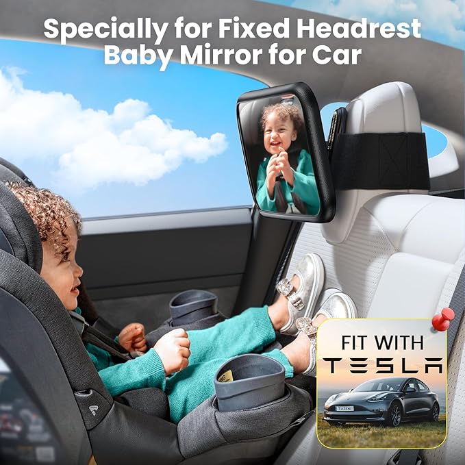 Fixed Headrest Car Mirror for Baby Rear Facing Fit Tesla Shatterproof Baby Mirror for Car Back Seat 360° Wide Clear View Never Shake Crash Tested Stable Velcro Strap Newborn Baby Essentials-BubblyBeeBaby