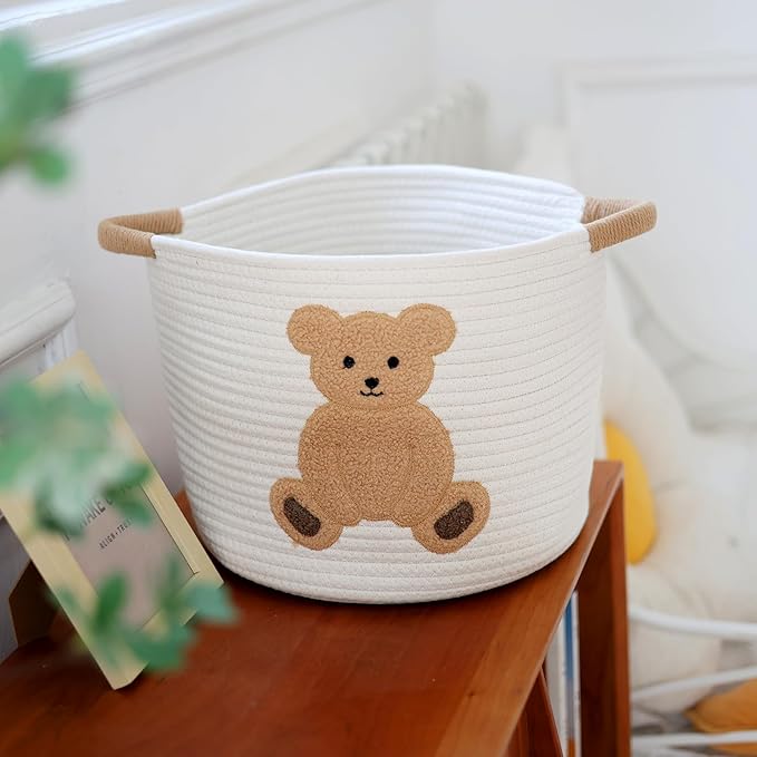 INough Cotton Rope Basket Toy Storage Baskets for kids Laundry Hamper, Gift Basket Empty Baby Shower Baskets with Handles, Cute Bins Blanket Stuffed Animal Storage for Nursery, Living Room Decor, Bear-BubblyBeeBaby