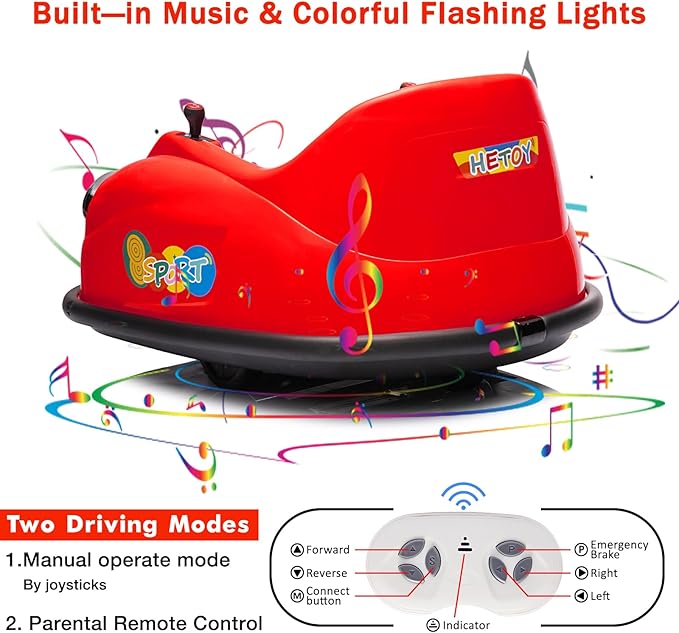 12V Bumper Car for Toddlers, Electric Toy Ride on Battery Car with Kids W/Parent Remote Control, 2-Speed, 360 Degree Spin, Music & LED Lights for Kids, Red-BubblyBeeBaby