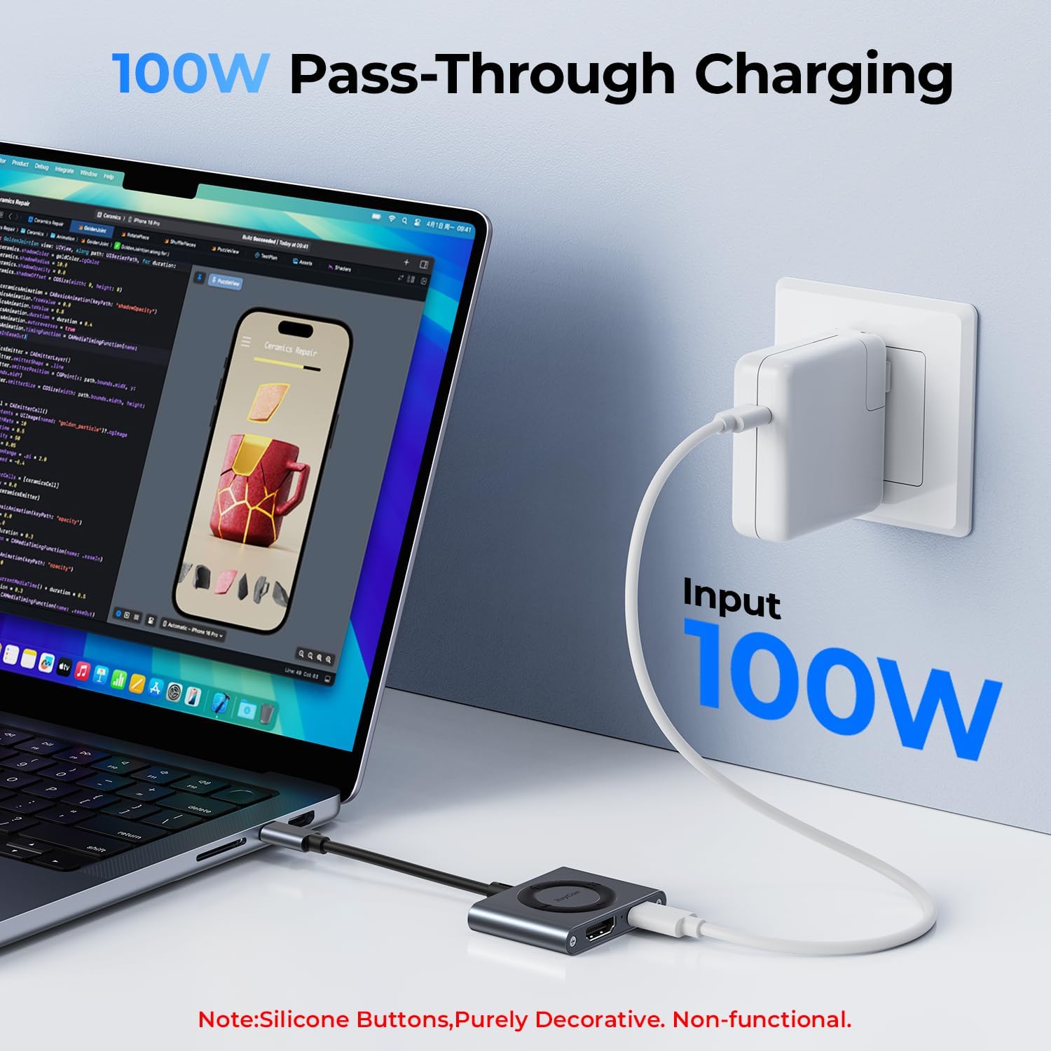 RayCue 2-in-1 USB C Hub, USB C to HDMI Adapter with HDMI 4K@60Hz & 100W PD Charging - Adapter for Laptop, MacBook, IPad (USB-C), iPhone 15/16, Tablets, Switch