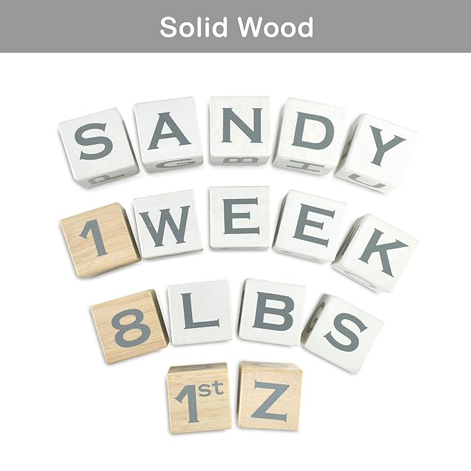 I'm Solid Wood Baby ABC Alphabet Milestone Age Blocks, Personalized Own Name, Gender Neutral, Newborn Gifts & Keepsakes for Picture Props (1.9" / 16 Pcs/White)-BubblyBeeBaby