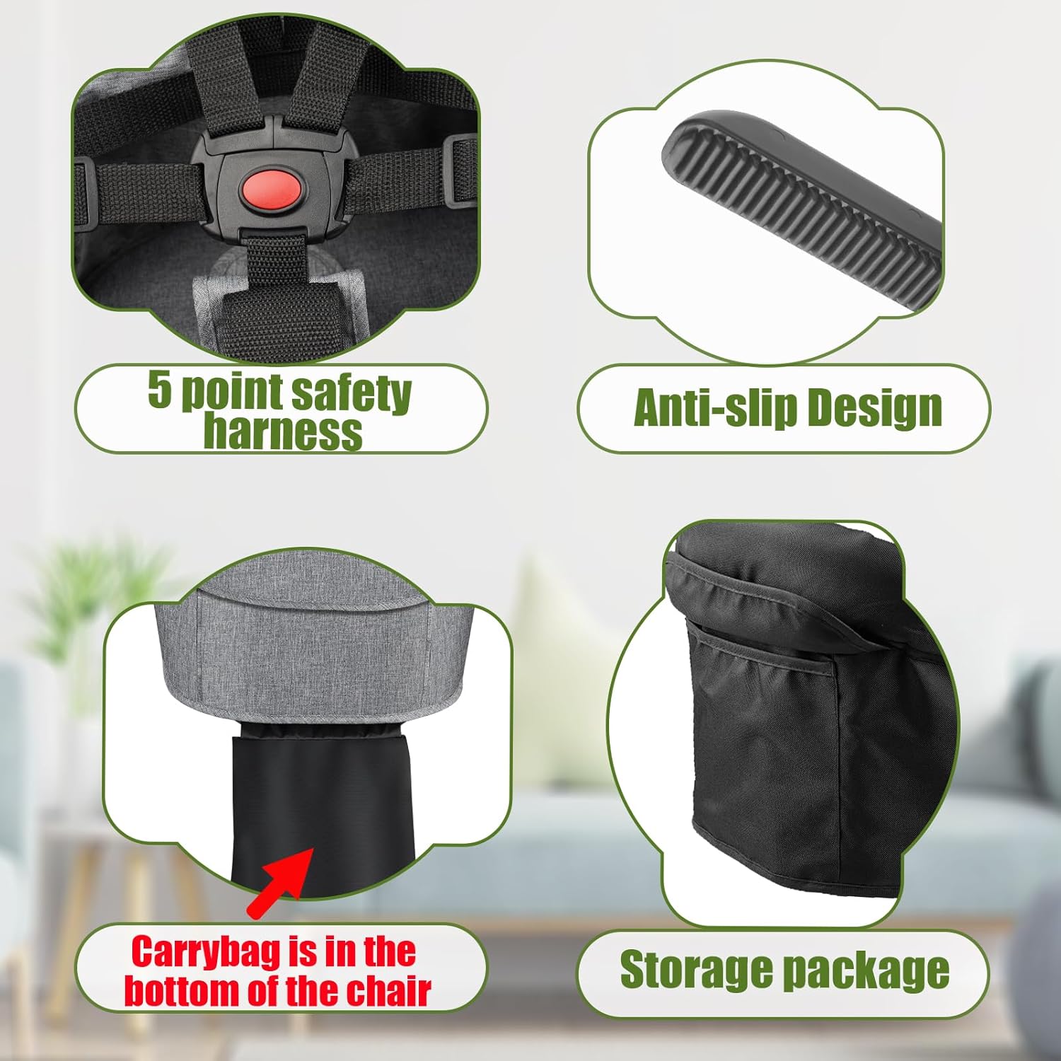 Hook On Chair,Folding Fast Table Chair with Storage Bag,Clip On Portable Highchair for Baby Attaches to Table,Baby Toddler Feeding Seat,Washable&for Home and Travel,with 5 Point Safety Harness.