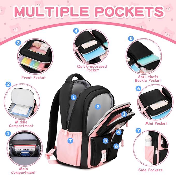 Kids Backpack for Girls School Bags for Middle School Students Book Bag for Elementary Primary Kawaii Ita Backpack, Black and Pink-BubblyBeeBaby