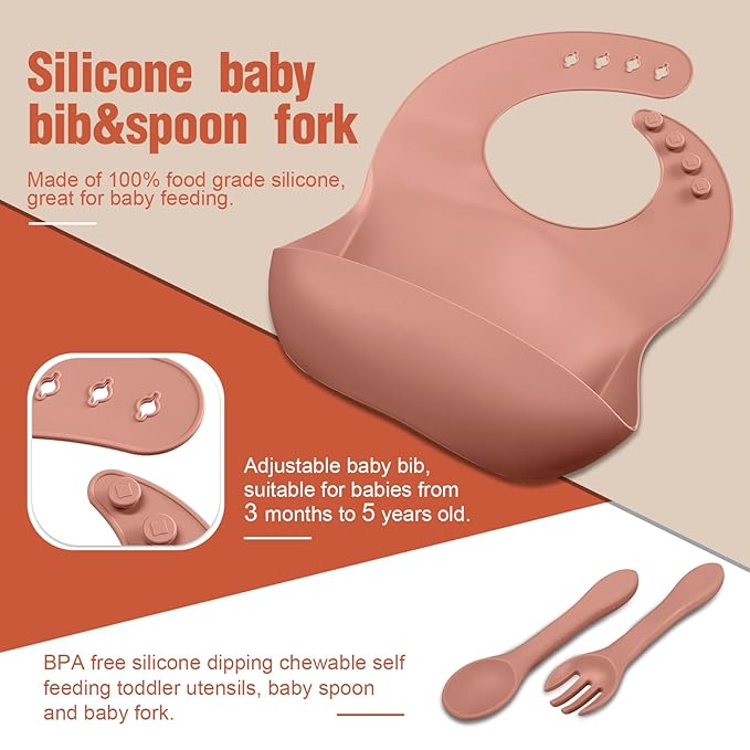 10 Pack Silicone Baby Feeding Set, Toddlers Led Weaning Feeding Supplies with Suction Baby Bowl Divided Plate Adjustable Bib Soft Silicone Spoon Fork, Infant Self Eating Utensil Set (Beige, Orange)-BubblyBeeBaby