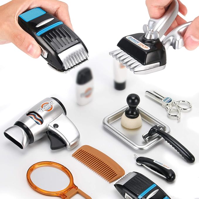 24 Pcs Barber Shop Pretend Play Toy - My First Shaving and Grooming Haircut Kit Toddler Role Play Set with Styling Accessories & Storage Box for Kids, Boys-BubblyBeeBaby