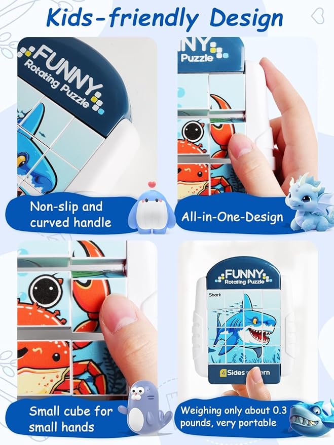 16-Piece Rotating Puzzles for Kids 4-6, Toddlers Puzzles 2-4, Road Trip, Airplane Activities Game, Travel Toys - Brain Teaser, Fine Motor Skills - Birthday Gifts Boys & Girls - Marine Life-BubblyBeeBaby