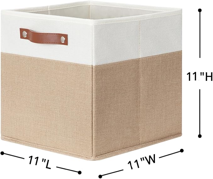 HNZIGE Fabric Storage Baskets Cubes Bins for Shelves, 11 x11 Foldable Storage Bins, Decorative Storage Basket with Leather Handles for Storage Clothes Home Nursery(White Beige-4Pack)-BubblyBeeBaby