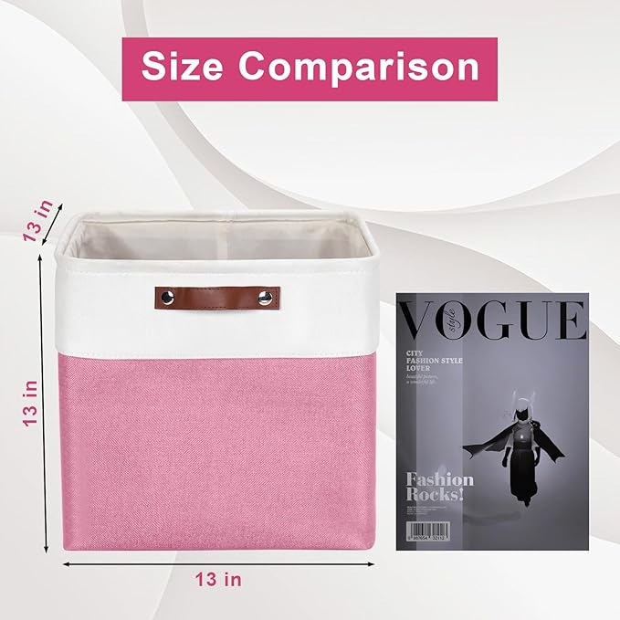 13x13 Cube Storage Bins, Collapsible Fabric Storage Box, 4 Pack Closet Baskets with Handles for Organizing, Shelf, Toys, Clothes, Home, Office, Nursery (Pink&White)-BubblyBeeBaby
