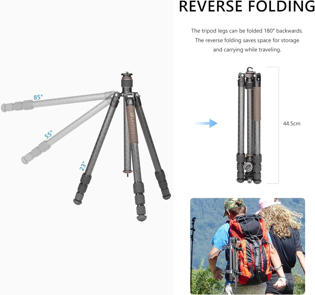 Portable Travel Tripod, Carbon Fiber Camera Tripod with Ball Head, with 360° Detachable Center Column, Folded Length 485mm, Max Load 15kg, Max. Height 1735mm (LX-324CT+XB-38)