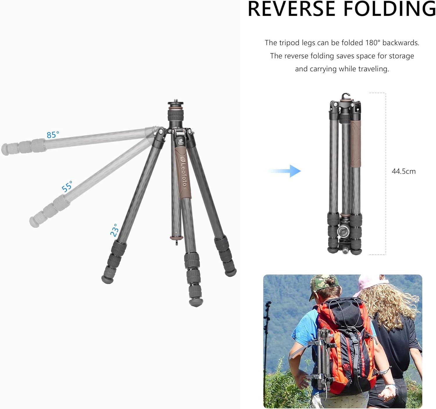 Portable Travel Tripod, Carbon Fiber Camera Tripod with Ball Head, with 360° Detachable Center Column, Folded Length 485mm, Max Load 15kg, Max. Height 1735mm (LX-324CT+XB-38)
