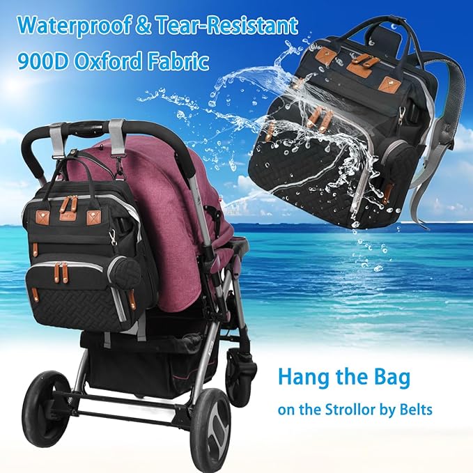 Jeryswet Baby Diaper Bags with Changing Station, Waterproof Large Capacity Diaper Bag Backpack for Moms Dads with USB Charging Port and Stroller Straps, Baby Shower Gifts, Black-BubblyBeeBaby