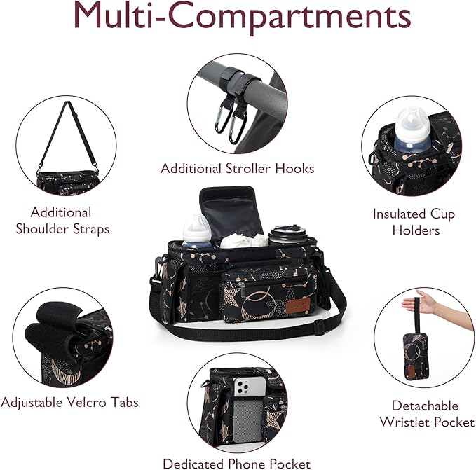 Momcozy Universal Stroller Organizer with Insulated Cup Holder Detachable Phone Bag & Shoulder Strap, Fits for Stroller like Uppababy, Baby Jogger, Britax, BOB, Umbrella and Pet Stroller-BubblyBeeBaby