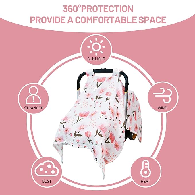 80S Muslin Car Seat Cover for Babies - Soft & Breathable Infant Carrier Canopy, Lightweight Sunshade for Summer, Universal Fit for Baby Boys & Girls-BubblyBeeBaby