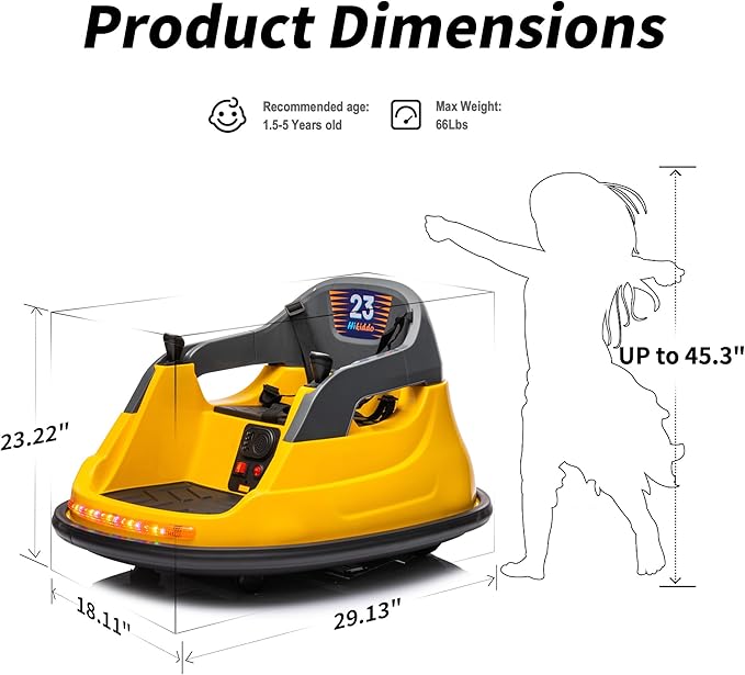 12V Kids Bumper Car, Electric Baby Bumper Car for Toddlers with Remote Control, 3 Speeds - Yellow-BubblyBeeBaby