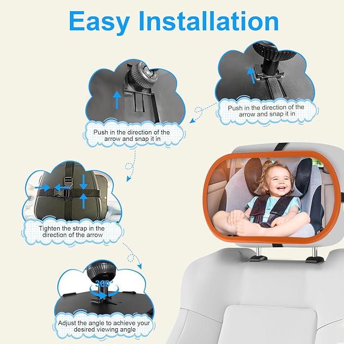 Baby Car Mirror, Safety Car Seat Mirror for Rear Facing Infant, Clear Wide View, 360°Rotation, Easily Observe the Baby Move, Secure, Shatterproof, Crash Tested and Certified(Orange)-BubblyBeeBaby