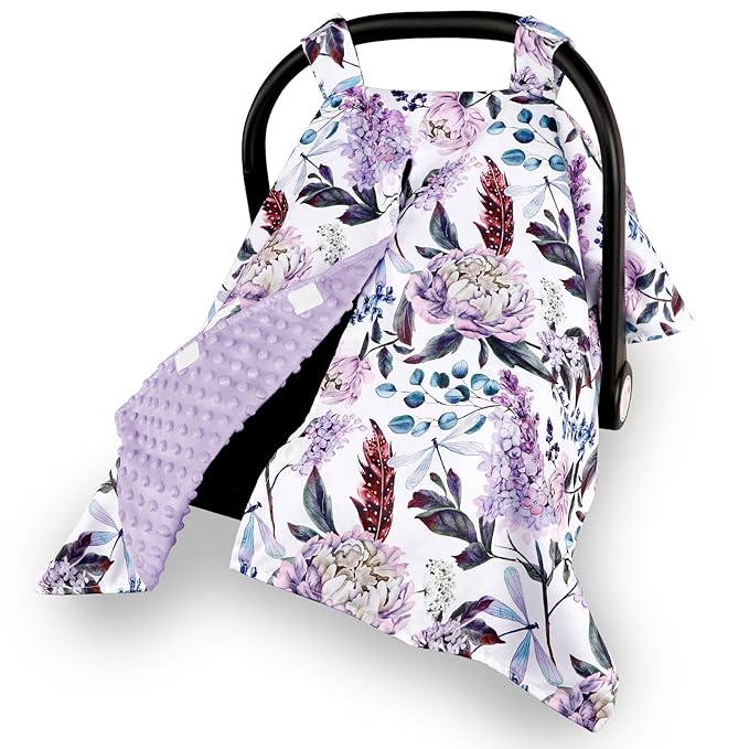 Car Seat Cover Baby, Infant Car Seat Canopy Covers for Newborn Girls Boys, Soft Breathable Mink Carseat Covers Stretchy Multi-Use Nursing Cover for Stroller Baby Car Seat, Purple Flroal-BubblyBeeBaby