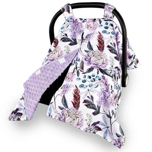 Car Seat Cover Baby, Infant Car Seat Canopy Covers for Newborn Girls Boys, Soft Breathable Mink Carseat Covers Stretchy Multi-Use Nursing Cover for Stroller Baby Car Seat, Purple Flroal-BubblyBeeBaby