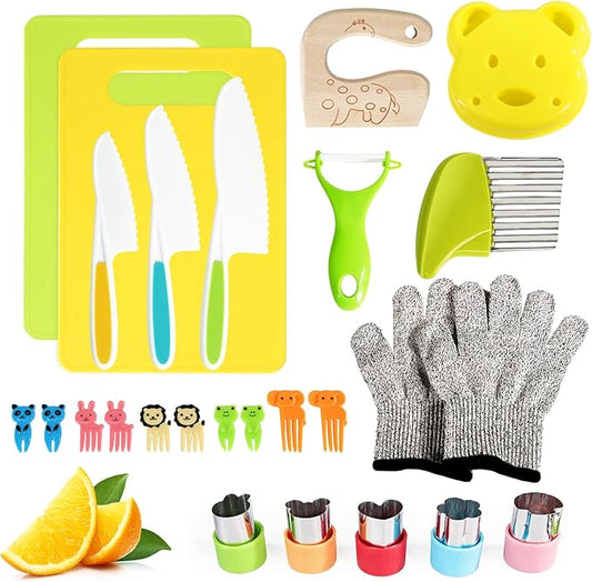 26 Pcs Kids Knife Set, Montessori Kitchen Tools for Toddlers' Real Cooking, BPA Free Knife Set Includes Crinkle Cutters Kid Safe Knives Cutting Board Peeler, Kitchen Tools for 4+ Year Old Girl Boy-BubblyBeeBaby