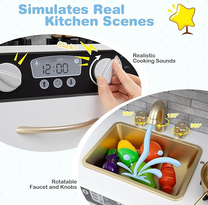 HONEY JOY Kids Kitchen Playset, Wooden Little Chef Pretend Toy Kitchen Set w/Chalkboard, Telephone, Utensils, Oven, Microwave, Sink, Storage, Play Kitchen for Toddlers Boys Girls, White Golden-BubblyBeeBaby