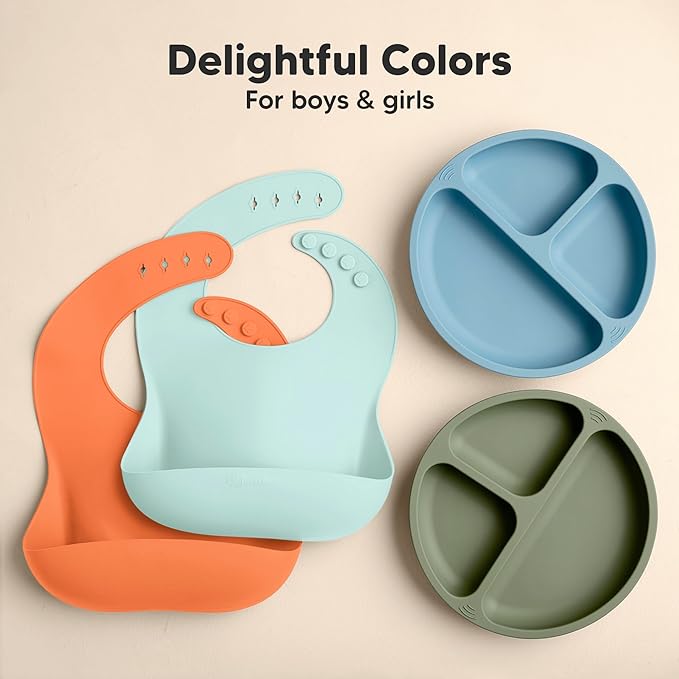 KeaBabies 2-Pack Silicone Baby Bibs for Eating - Sturdy Food-Grade Silicone Bibs for Babies Girl, Boy, Large Food Catcher, Clean & Put On Easily, Waterproof Toddler Feeding Essentials (Amaze)-BubblyBeeBaby