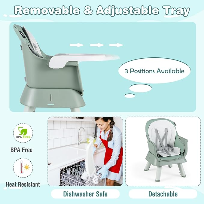 HONEY JOY 8 in 1 Baby High Chair, Convertible Highchair for Babies and Toddlers/Table and Chair Set/Building Block Table/Booster Seat/Stool/Toddler Chair with Safety Harness (Green)-BubblyBeeBaby