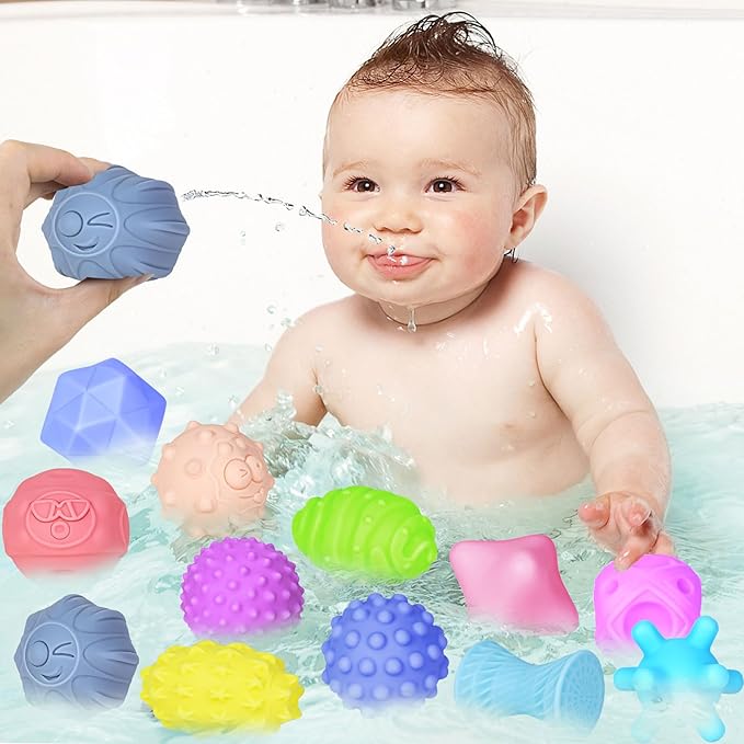 12 Pcs Sensory Balls for Toddlers, Sensory Baby Toys, Montessori Toy for Babies Squeeze, Infant Toys Soft Multi Ball Set Gifts with Bright Color Textured-BubblyBeeBaby