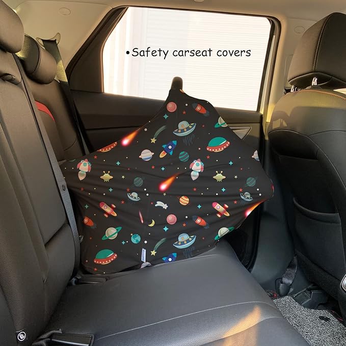 Carseat Covers Unisex - Black Creative Spacecraft Pattern Car Seat Canopy Cover for Babies, Multi-use Breastfeeding Cover, Baby Shower Gifts for Boy and Girls-BubblyBeeBaby