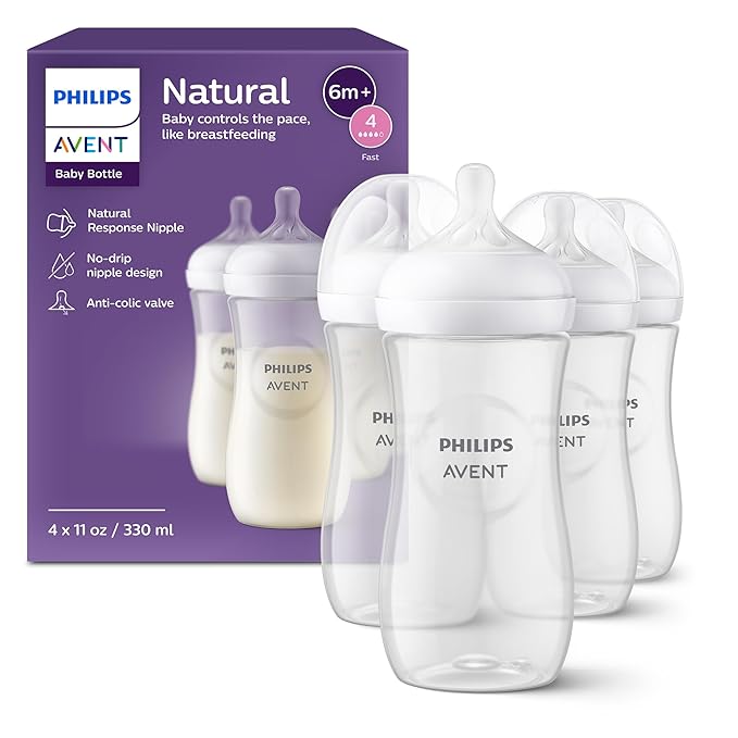 Philips Avent Natural Baby Bottles with Natural Response Nipples (Fast Flow, Flow 4), 11oz, 4-Pack, SCY906/04-BubblyBeeBaby