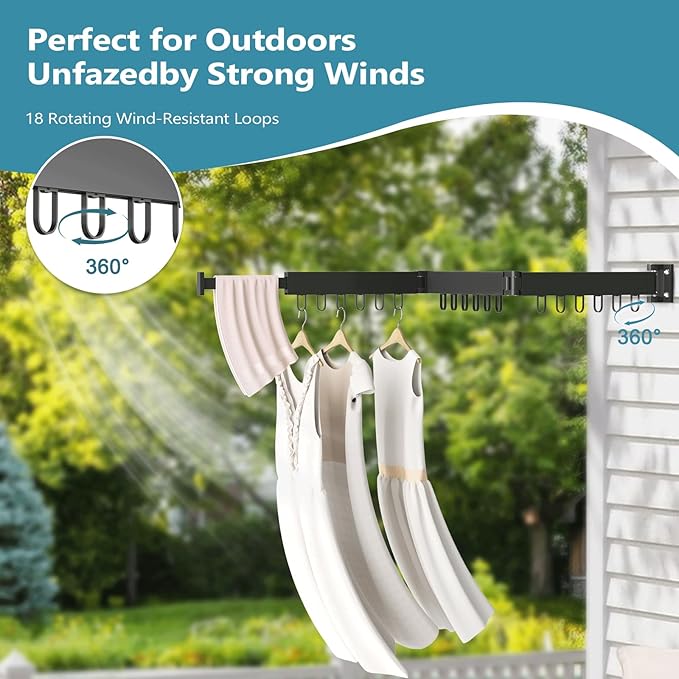 JAUREE Clothes Drying Rack Wall Mounted, Laundry Drying Rack Collapsible, Space Saving Wall Drying Rack Clothing Foldable, Tri-Fold Retractable Rack Outdoor Indoor with 18 Hooks, Black-BubblyBeeBaby