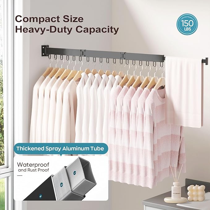 JAUREE Clothes Drying Rack Wall Mounted, Laundry Drying Rack Collapsible, Space Saving Wall Drying Rack Clothing Foldable, Tri-Fold Retractable Rack Outdoor Indoor with 18 Hooks, Black-BubblyBeeBaby