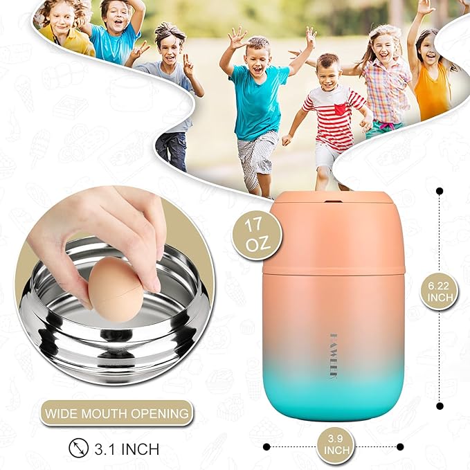 Insulated Food Container 17 oz Soup Thermo for Hot Food Adults, Stainless Steel Vacuum Lunch Box with Folding Spoon, Adult Kids Thermo Portable with Handle for School, Office, Outdoor-BubblyBeeBaby