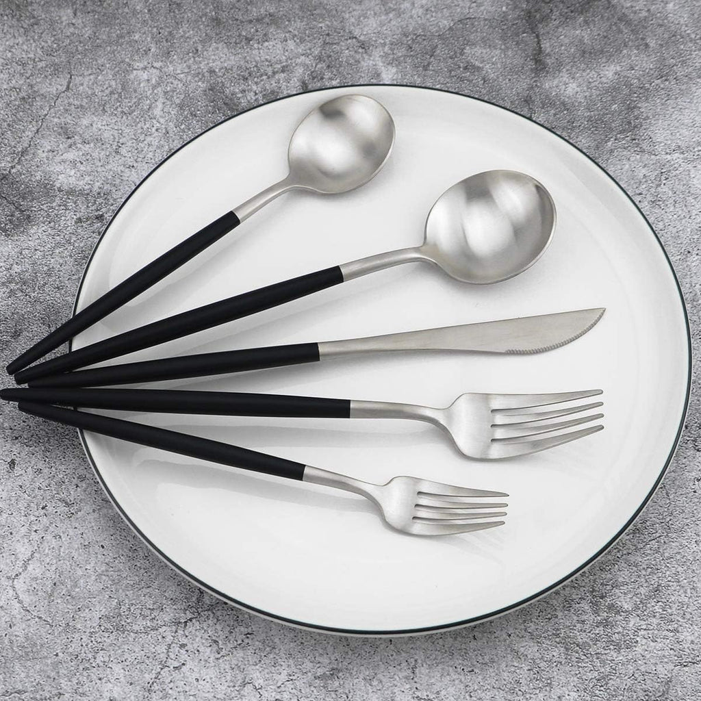 Gugrida Black Handle Matte Silver Silverware Set - 5-Piece 18/10 Stainless Steel Satin Finish Flatware, Kitchen Utensils, Tableware Travel Cutlery for Camping Office Lunch - Dishwasher Safe