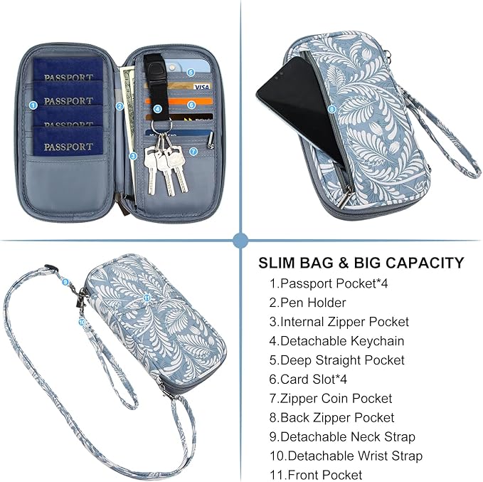 jiemei RFID Family Passport Wallet Holder Waterproof, Travel Document Organizer Credit Card Clutch Bag for Men Women (RFID Leaf)-BubblyBeeBaby