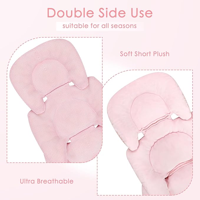 Infant Car Seat Insert for Newborn Girls Boys, Summer Mesh Baby Carseat Head Support with Strap Pads, Soft Reversible Baby Car Seat Insert Cushion Pad for Car Seat, Stroller, Bouncer, Swing, Pink-BubblyBeeBaby
